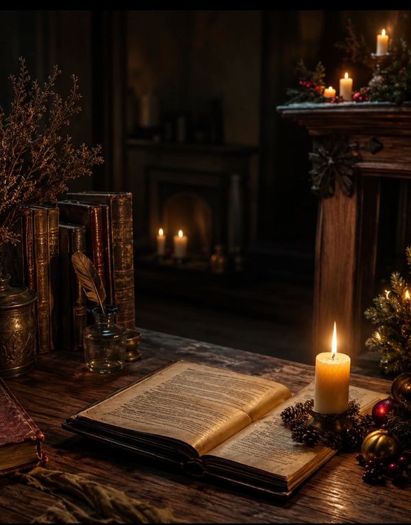 An open antique book illuminated by a lit candle on a wooden table.
