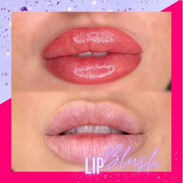 A before & after of lip blushing. Incredible Immediate results after lip tattoo session.
