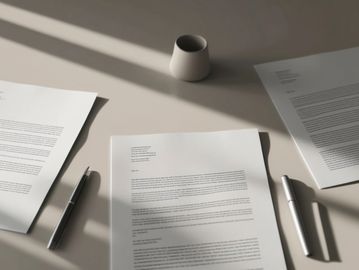 Three typed documents with two pens and a small cup on a beige table with soft shadows.