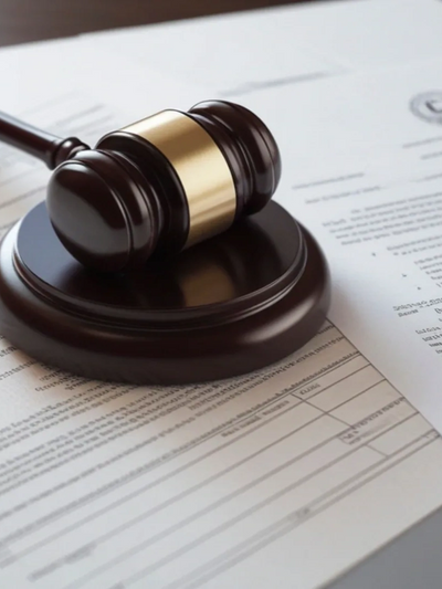Judge's gavel resting on legal documents on a desk.