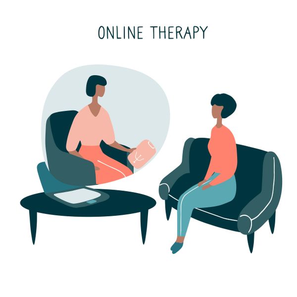 Patient talking to psychologist. Psychotherapy counseling. Online therapy session.