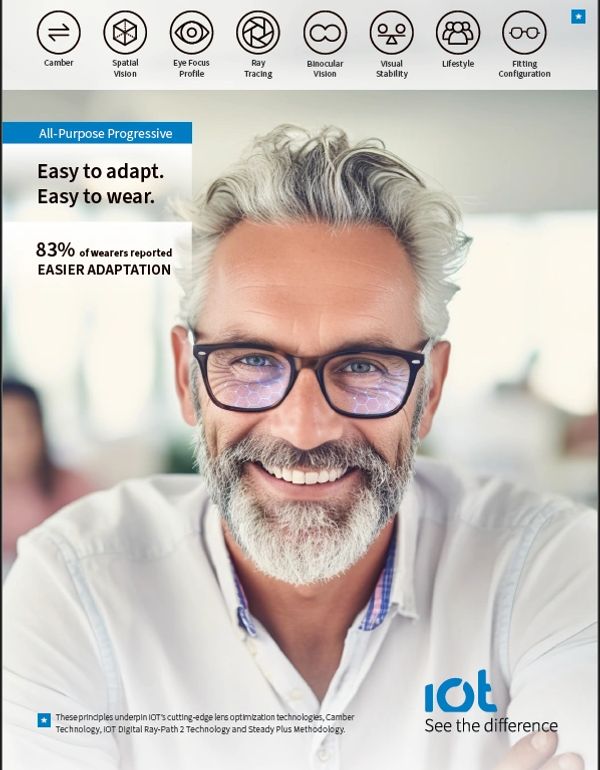 Smiling man wearing glasses promoting easy-to-adapt progressive lenses.