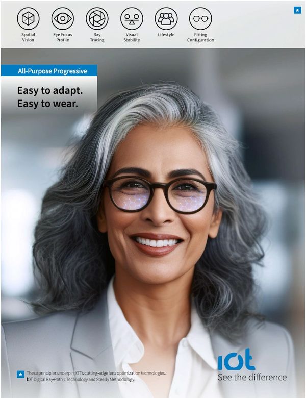 Smiling woman wearing stylish glasses promoting all-purpose progressive lenses.