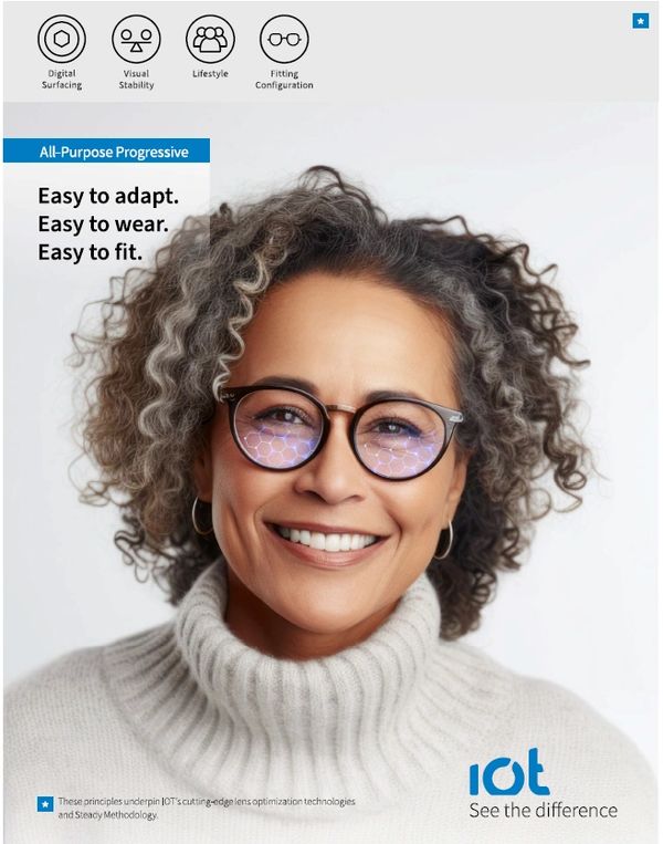 Smiling woman wearing stylish progressive lenses with digital surfacing technology.