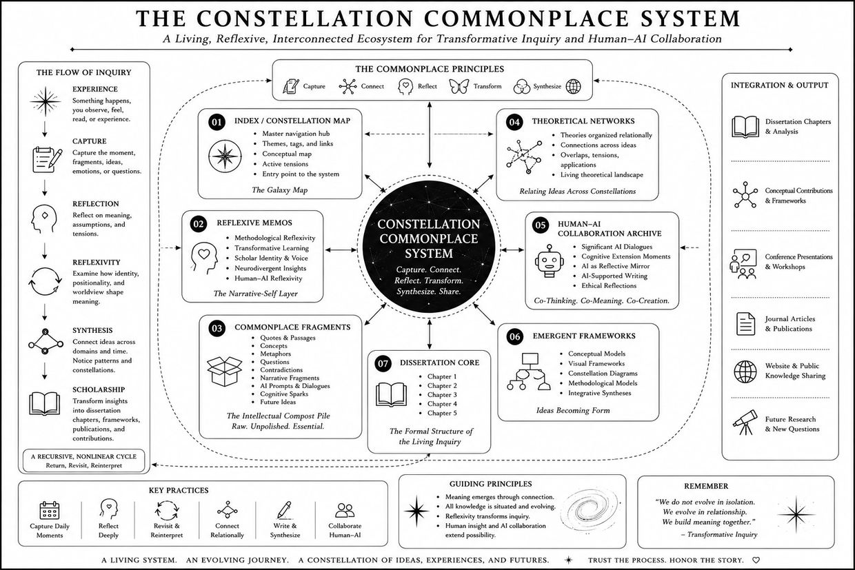 Diagram of the Constellation Commonplace System showcasing interconnected inquiry and human-AI collaboration principles.