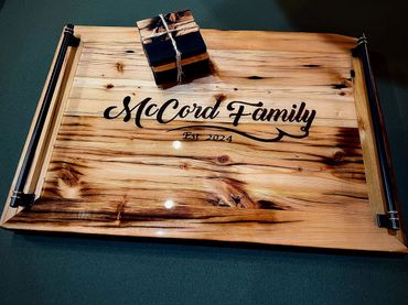 Wooden serving tray engraved with 'McCord Family Est. 2024'.