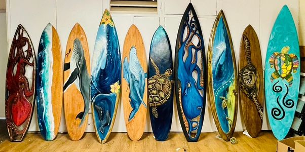 Hand painted carved surfboard for home decor