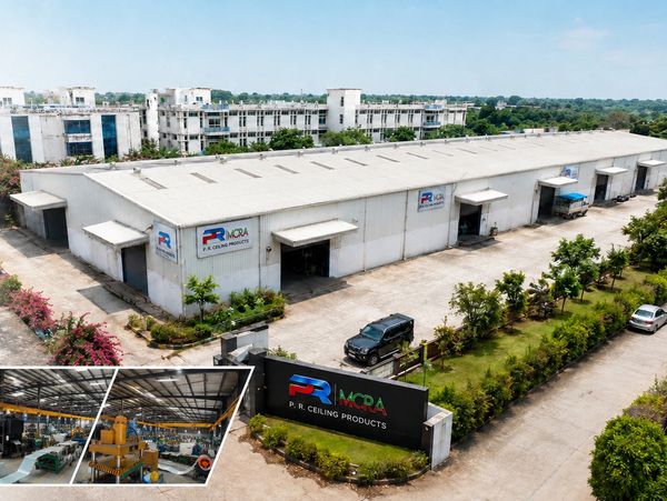 Industrial building for P.R. Ceiling Products with vehicles outside.