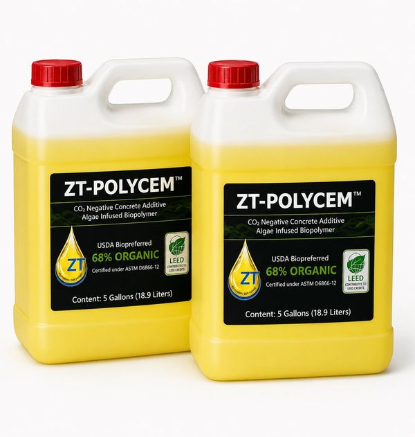 ZT-POLYCEM Co2 Negative Concrete Additive and Elastomeric Additive.