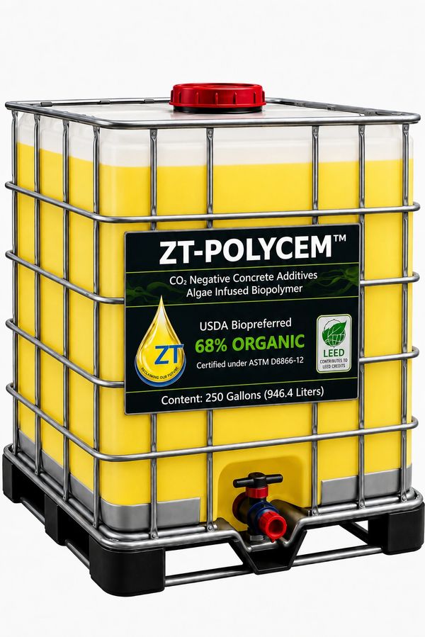 Large yellow container of ZT-POLYCEM biopolymer for concrete additive.