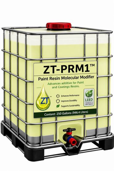 Large container of ZT-PRM1 paint resin molecular modifier with 250 gallons capacity.