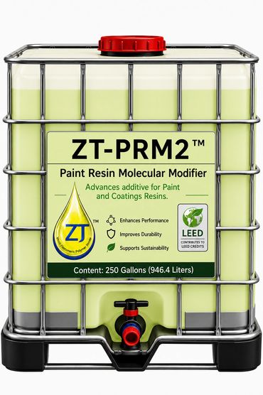 Large container of ZT-PRM2 paint resin molecular modifier with a spout.