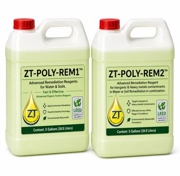 Two 5-gallon containers of ZT-POLY-REM advanced remediation reagents.