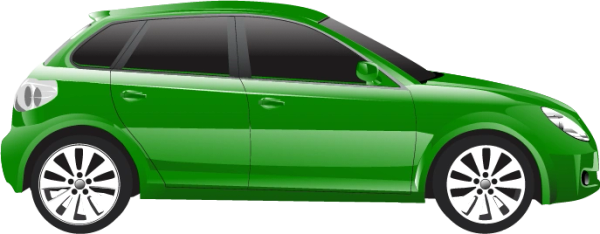 A sleek green hatchback car with tinted windows and modern alloy wheels.