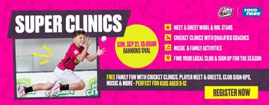 Bright pink banner with young boy playing cricket