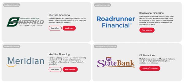 Financing options from Sheffield, Roadrunner, Meridian, and KS State Bank for various customers.