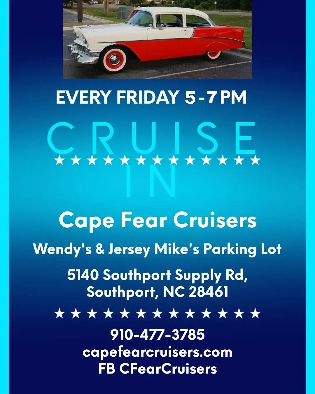 Classic car cruise event every Friday 5-7 PM in Southport, NC.