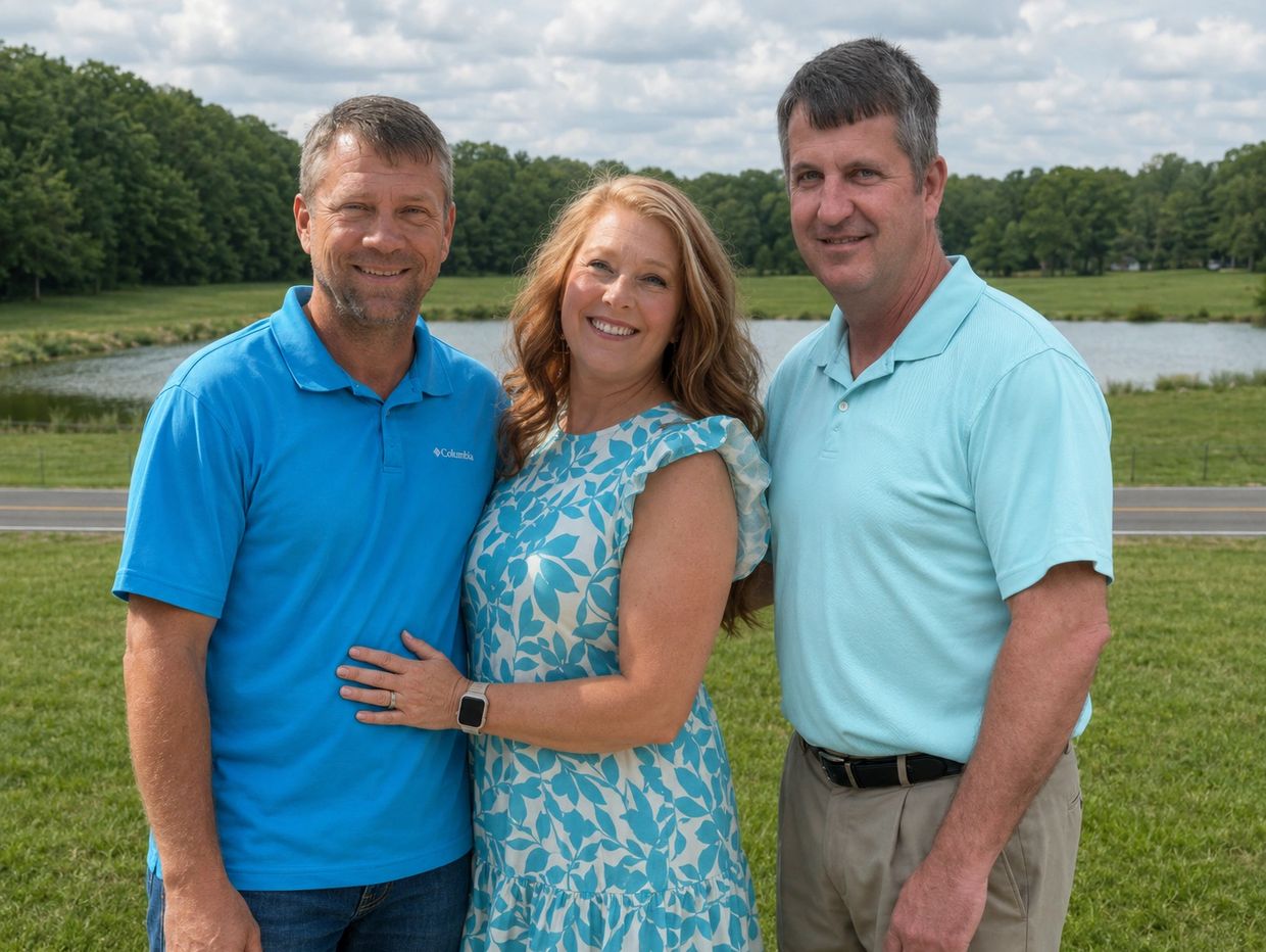 Three people standing together outdoors near a lake.