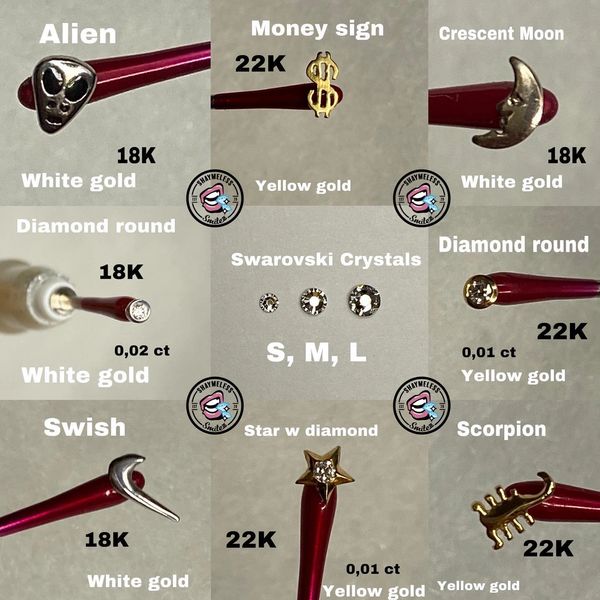 Close-up of gold and white gold jewelry tips with various designs and Swarovski crystals.