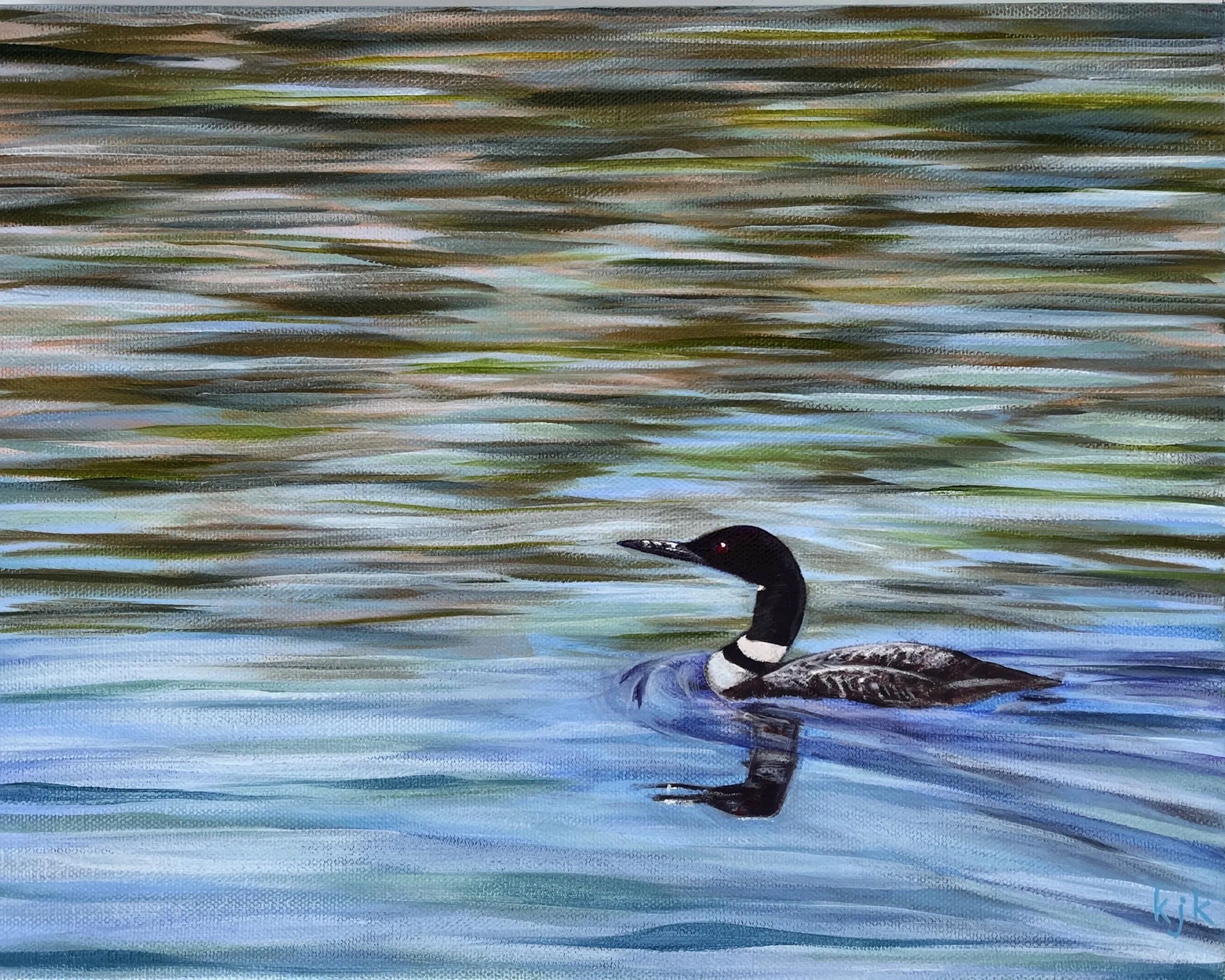 painting of a loon swimming on a lake