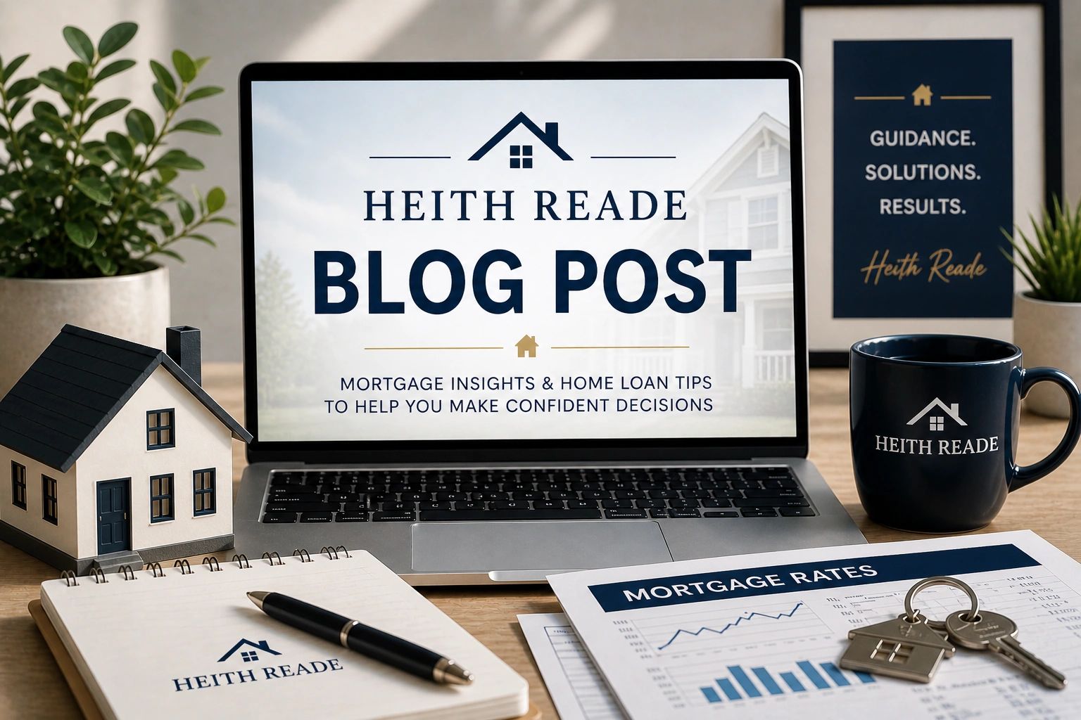 A workspace featuring mortgage blog content and branded items from Heith Reade.