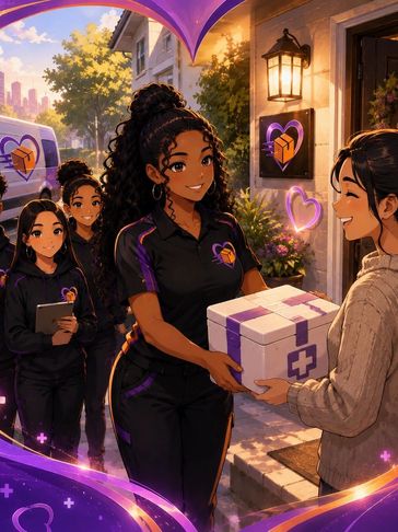 Delivery team joyfully handing a package to a happy customer.