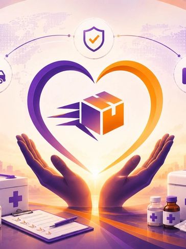 Hands holding a heart around a fast package icon, symbolizing care in delivery.