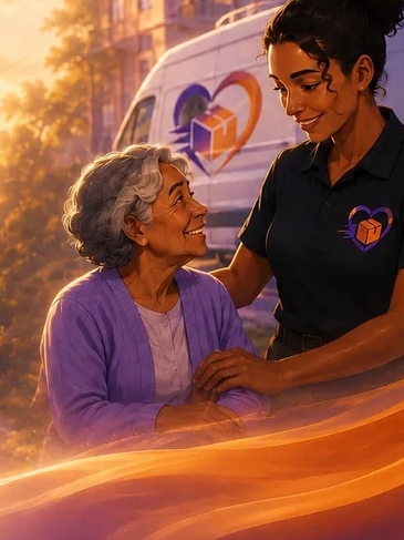 Young woman comforting elderly lady with warm smile.