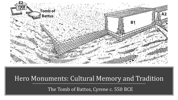 B&W sketch of the archaic tomb of king Battos in ancient Cyrene, North Africa