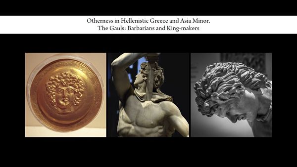 Collage of photos showing Celtic/Gaul warriors in Greek art; the dying Gaul from Pergamon