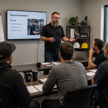 Man conducting a workplace hazard assessment training session.
