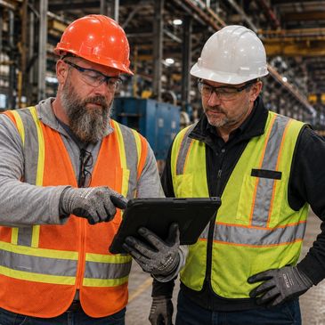 Two construction workers reviewing safety data on a tablet.