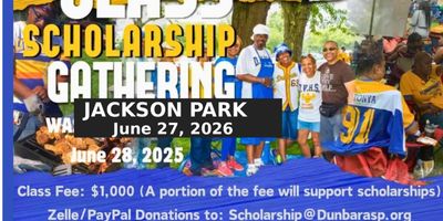 Flyer for a class scholarship gathering at Jackson Park on June 27, 2026.