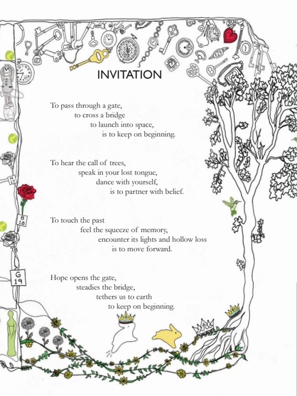 Artistic invitation with poetic verses surrounded by whimsical drawings of keys, clocks, trees, and crowned rabbits.