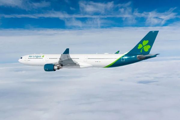 An Aer Lingus plane flying through the sky with their clover logo on the tail.