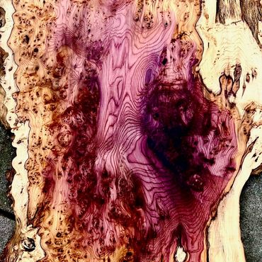 A wooden slab with rich purple and natural brown grain patterns.