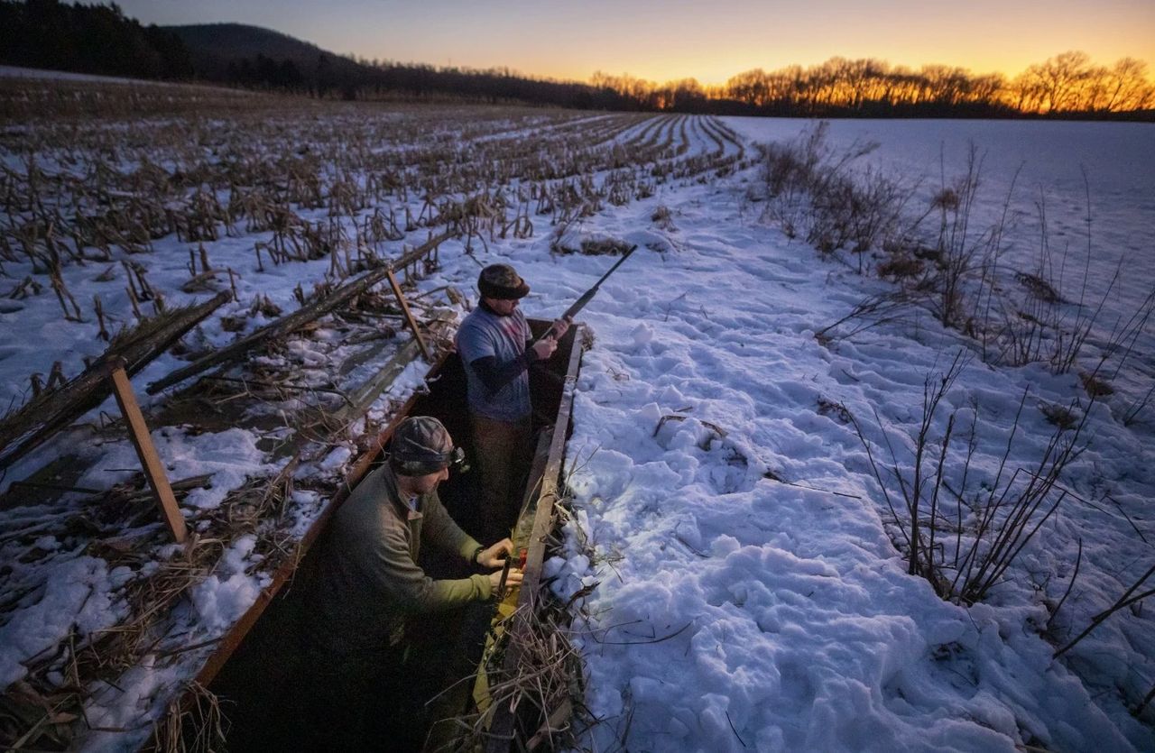 Nick Semanco, left, and Adam Saurazas set up their blind in the Middle Creek Wildlife Management Area in Stevens, Pa., on Jan. 9. (Kyle Grantham/for The Washington Post)