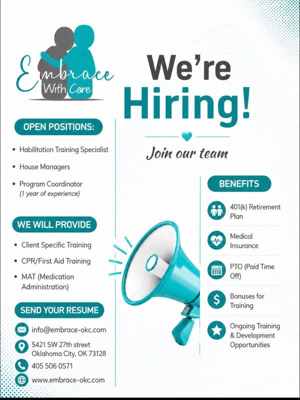 Embrace With Care hiring for multiple positions with benefits.