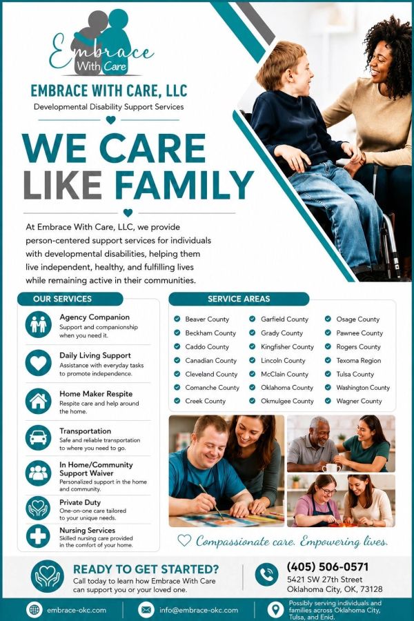 Flyer for Embrace With Care, LLC offering developmental disability support services.
