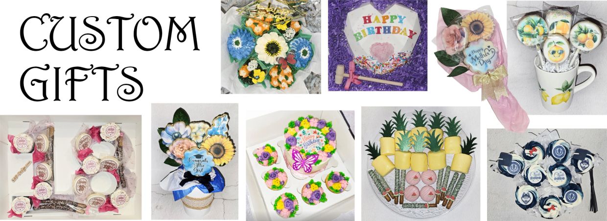 Custom gift cookies in various floral and themed designs.