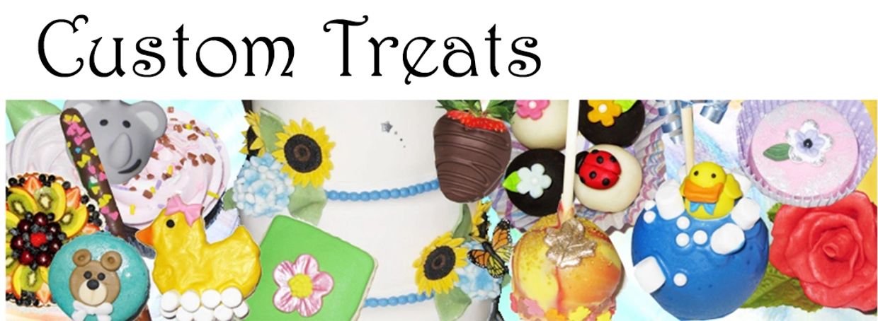 Colorful custom treats including cupcakes, cake pops, and decorated cookies.