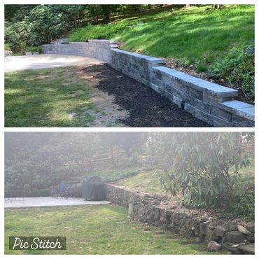 Stone retaining wall replacement that failed over time, replaced with concrete wall retaining blocks