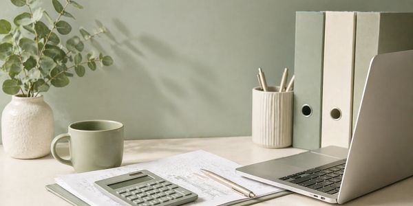 Minimalist desk setup with laptop, calculator, and stationery.