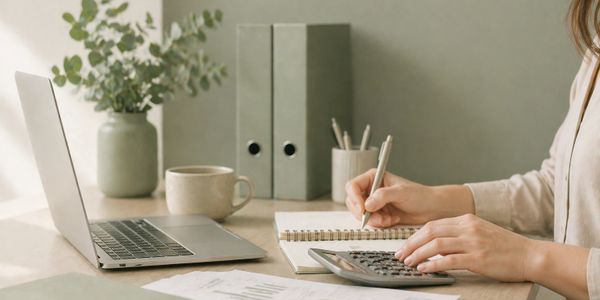 Person using calculator and writing in notebook at a tidy desk.