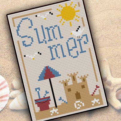 Cross-stitch artwork with summer theme featuring sun, seagulls, umbrella, bucket, and sandcastle.