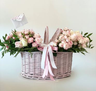 pink roses in a basket
