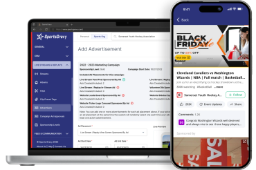 Laptop and smartphone displaying sports marketing and event ads.