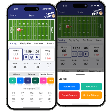 Two phones showing football stats and play options.