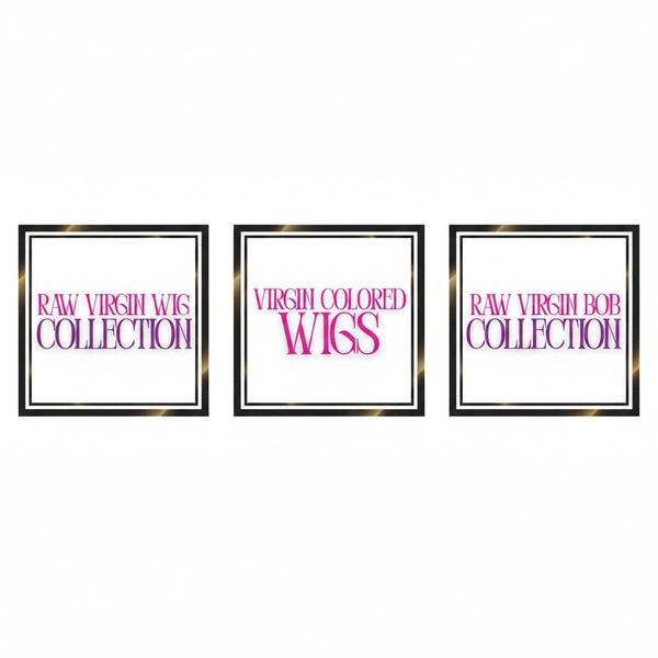 Three framed signs showcasing different wig collections with purple and pink text.