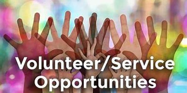 Colorful hands raised with text promoting volunteer and service opportunities.